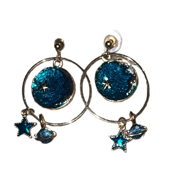 BNWOT Celestial/ Star and Moon Shape Blue and Gold Earrings - Picture 1 of 5